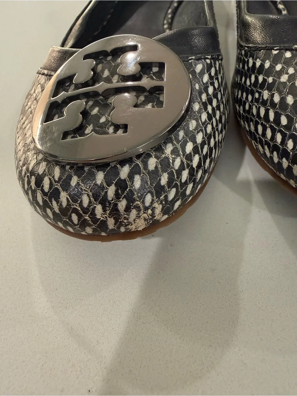 Tory Burch Black and White Patterned Logo Flats